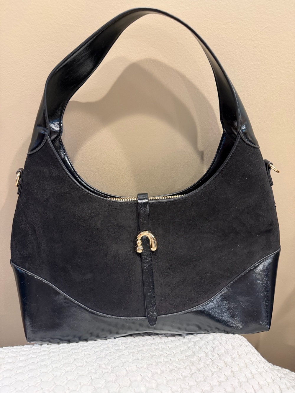 Black Suede & Leather Hobo Bag with Gold Hardware